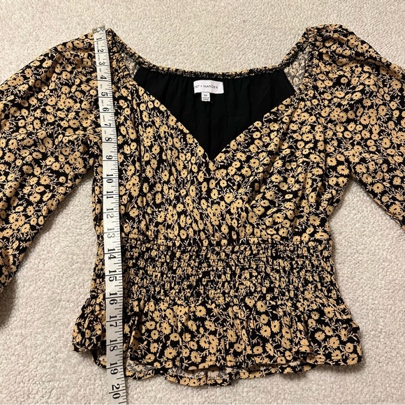 Lost + Wander Pick Me Golden Hour Smock Waist Top Crop Tan Black Floral - Picture 6 of 11